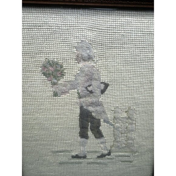 Vintage Victorian Male Courting Scene Needlepoint Neutral Scallop Wood Frame Art - Picture 2 of 10
